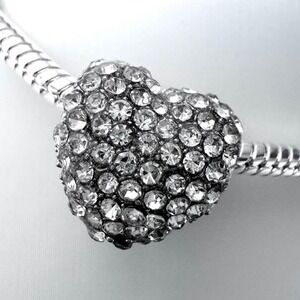 Sparkling Silver Rhinestone Heart Bead Charm Fits Snake Chain Bracelets